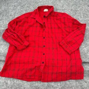 ETWO Womens Button Up Top Medium Red Plaid Pockets 3/4 Sleeves Casual Collared